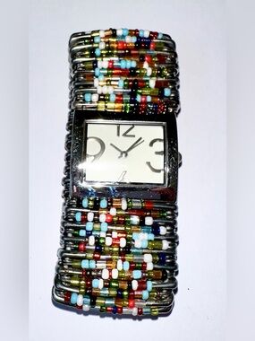 Vintage Multicolor Safety Pins Beaded Bracelet Watch - Silver Case